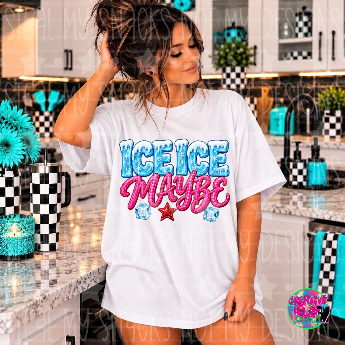 Icy blue lettering and pink Maybe script with a bow and star. Shirt preview.
