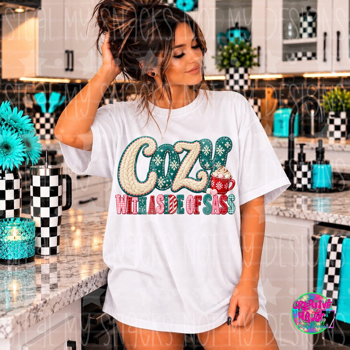 Cream and teal knit-look Cozy lettering with a mug and a side of sass quote. Shirt preview.