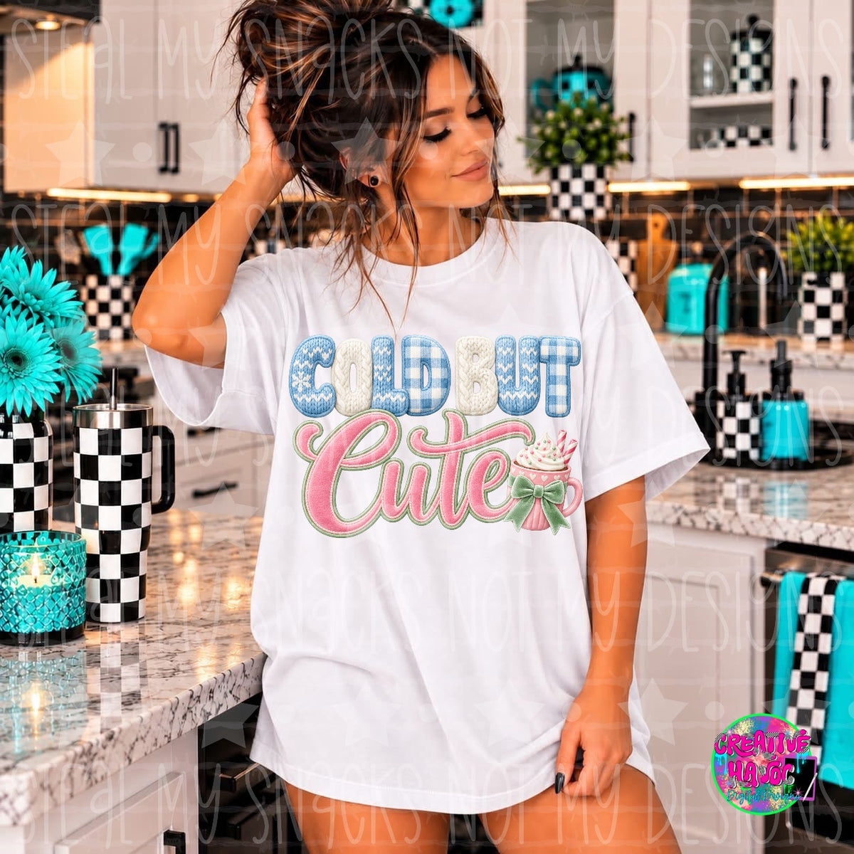 Blue patterned Cold but lettering and pastel pink Cute script with a mug and bow. Shirt preview.