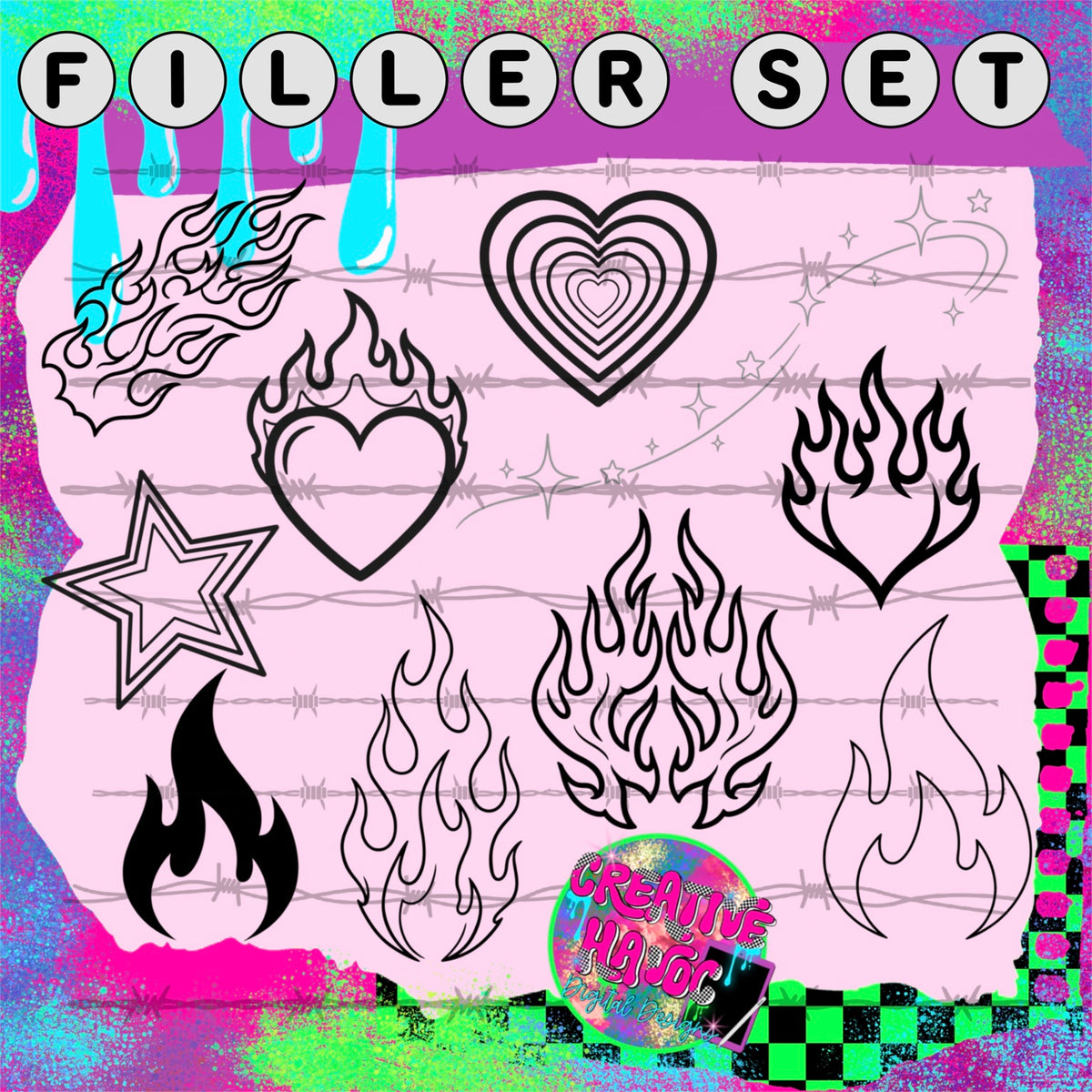 Flames, Hearts & Stars | Filler Outline Bundle preview