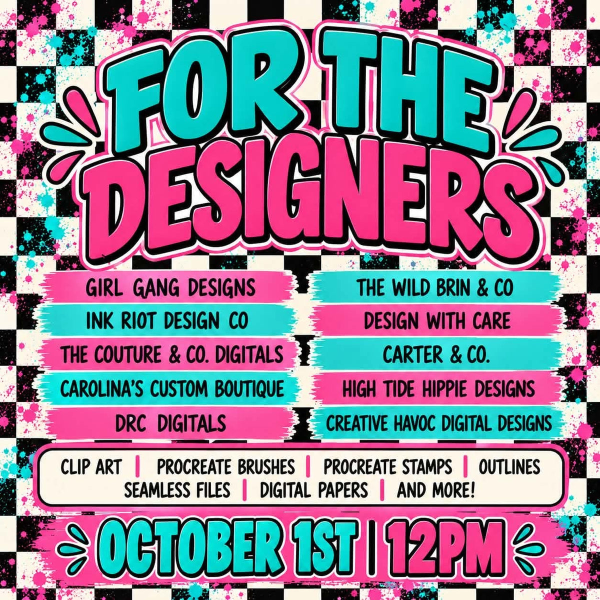 For the Designers designer tools collab featuring ten participating shops and Procreate brushes, stamps, clipart, outlines, seamless files and digital papers