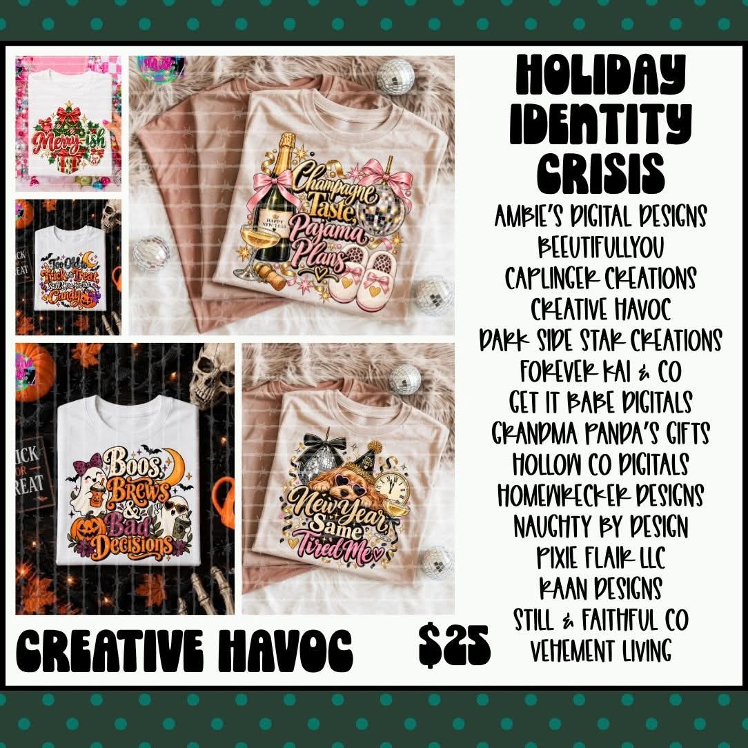 Holiday Identity Crisis Collab mockups featuring Creative Havoc seasonal designs