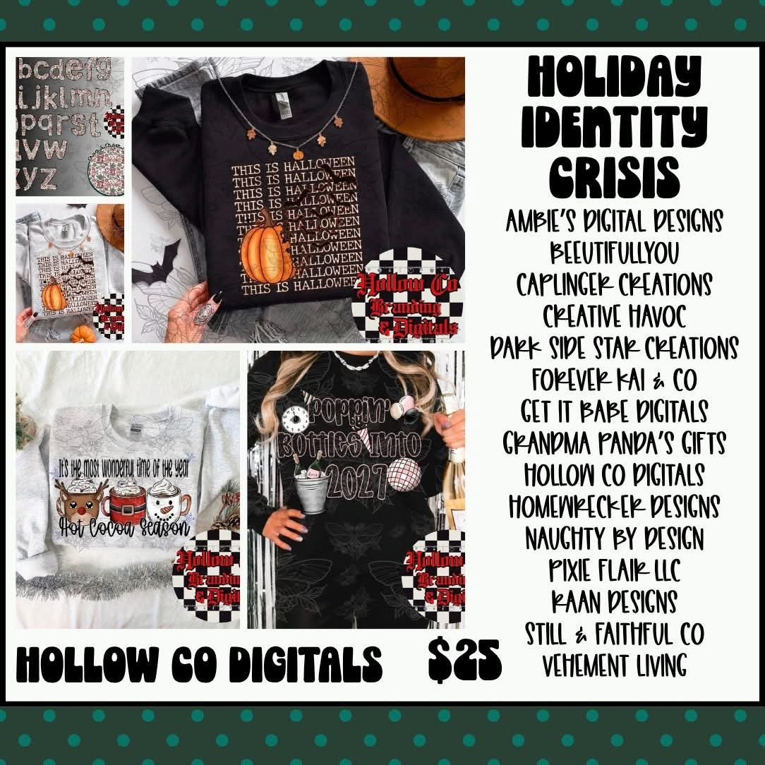 Holiday Identity Crisis Collab mockups featuring Hollow Co Digitals designs