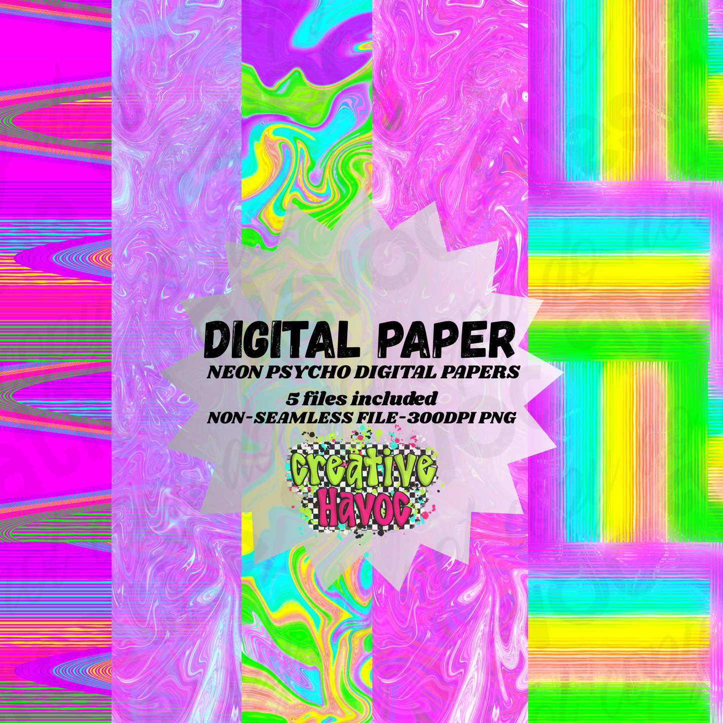 Neon Psycho – Digital Paper Pack (5 PNG Files, 300 DPI)