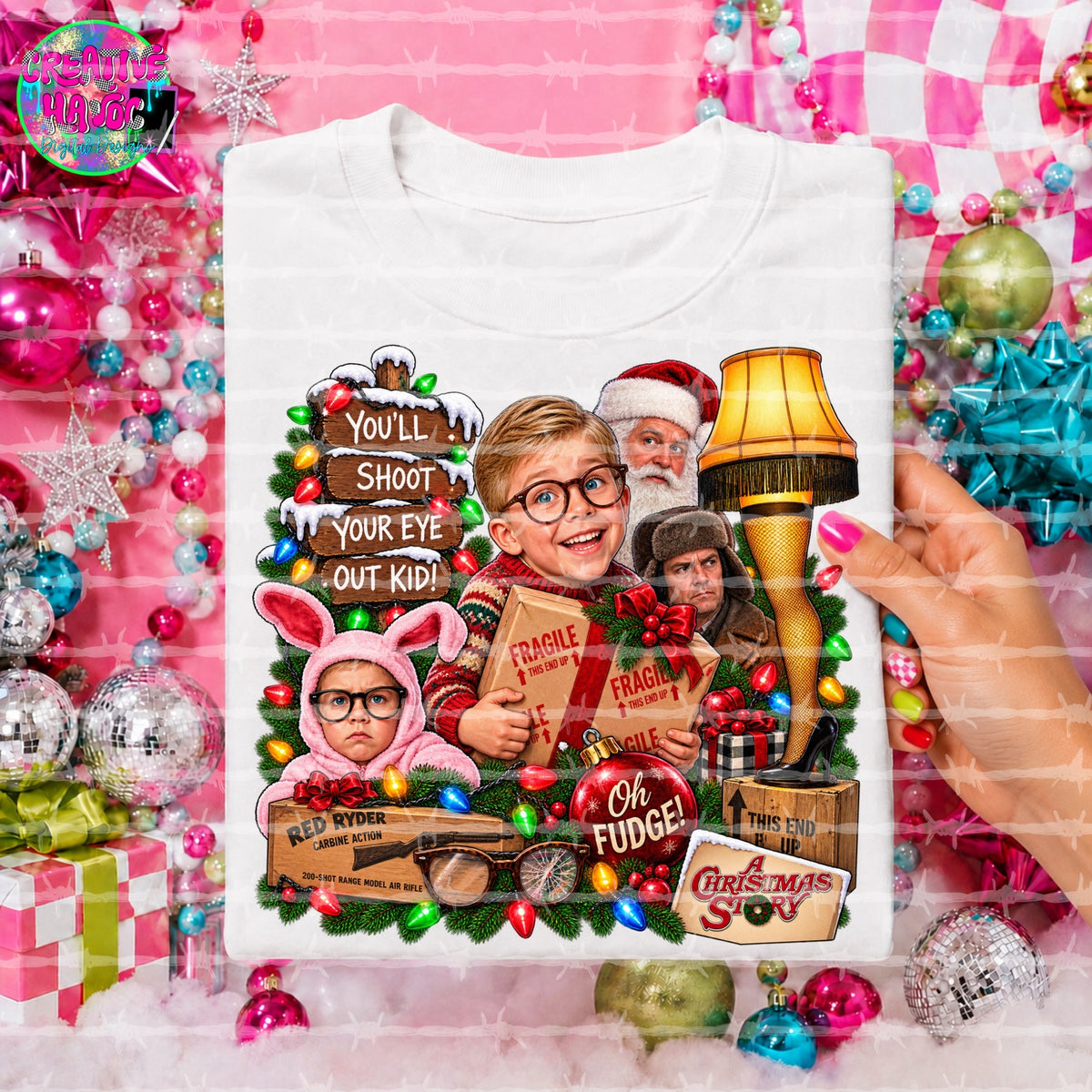 Retro Christmas gift chaos finished PNG design shown on a white shirt mockup