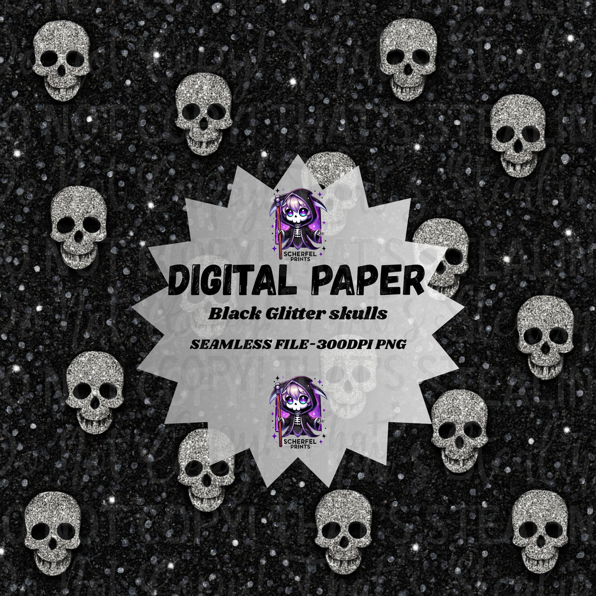 Black Glitter Skulls Seamless Digital Paper | 300 DPI – Creative Havoc