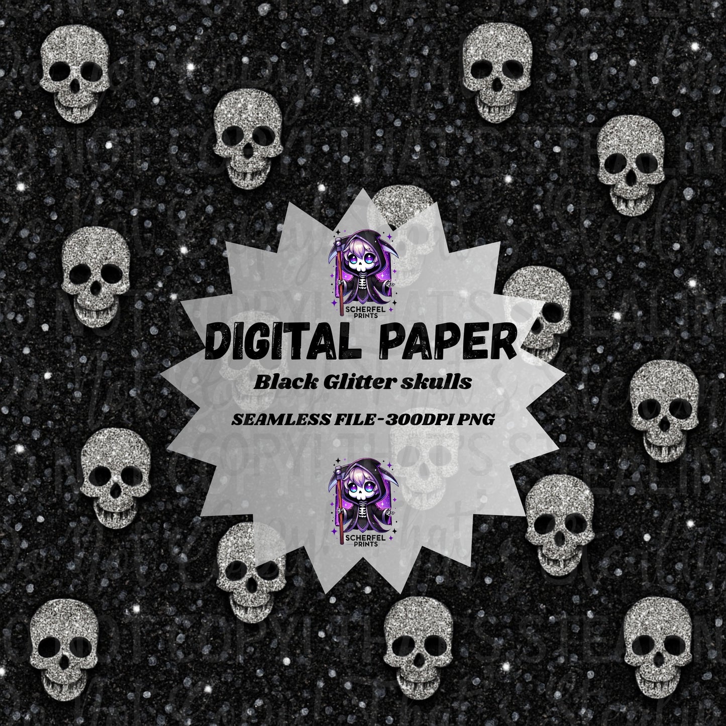 Black Glitter Skulls Digital Paper-300 DPI PNG