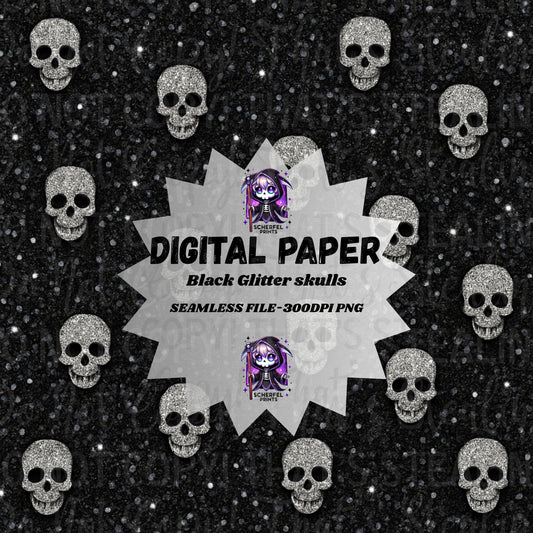 Black Glitter Skulls Digital Paper-300 DPI PNG