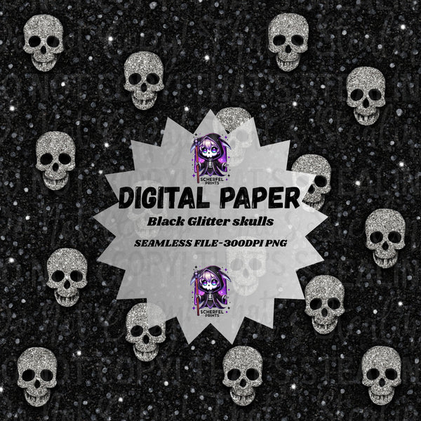 Black Glitter Skulls Seamless Digital Paper | 300 DPI – Creative Havoc