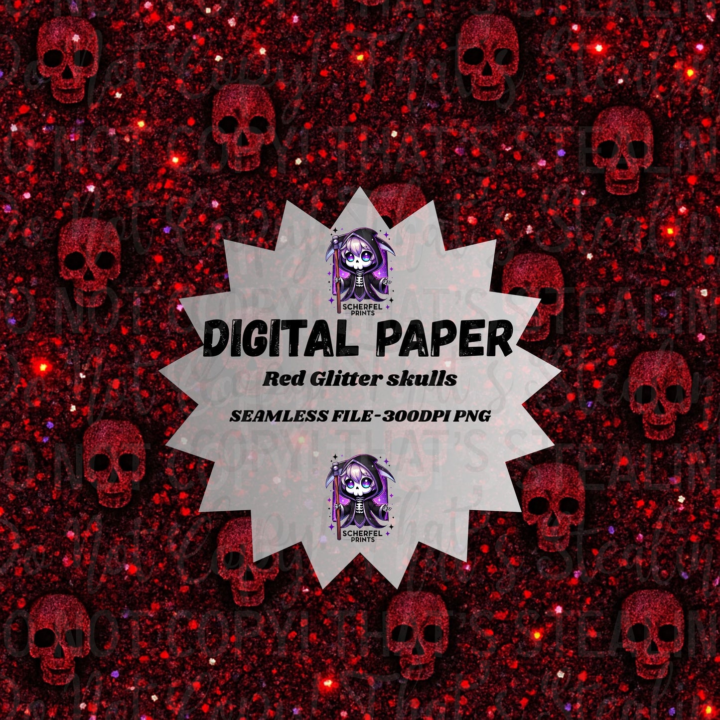 Red Glitter Skulls Digital Paper-300 DPI PNG
