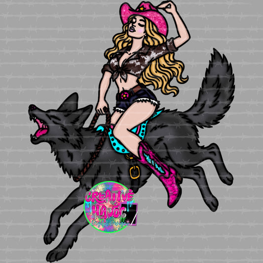 Unhinged Cowgirl western cowgirl riding a black wolf clipart PNG by Creative Havoc Digital Designs
